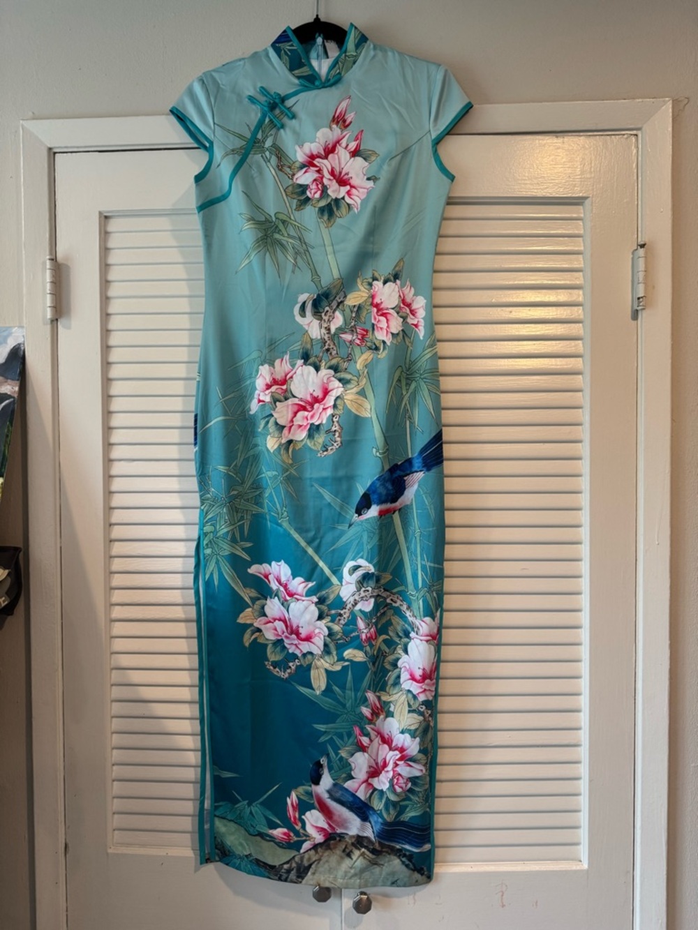 Turquoise Floral Cheongsam Dress with Bird Print